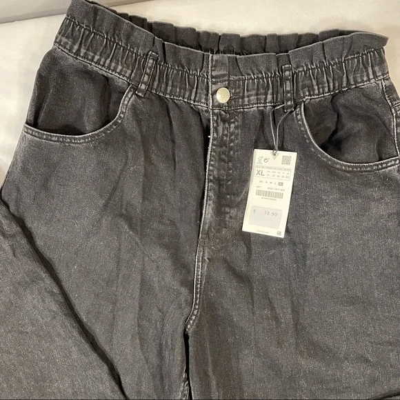 NWT Zara Black Elastic Paper Bag Waist Ultra High Rise 100% Cotton Jeans Size XL - Picture 6 of 16